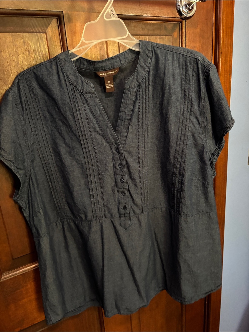 Bit & Bridle Dark Denim Pintuck Button-Front Blouse